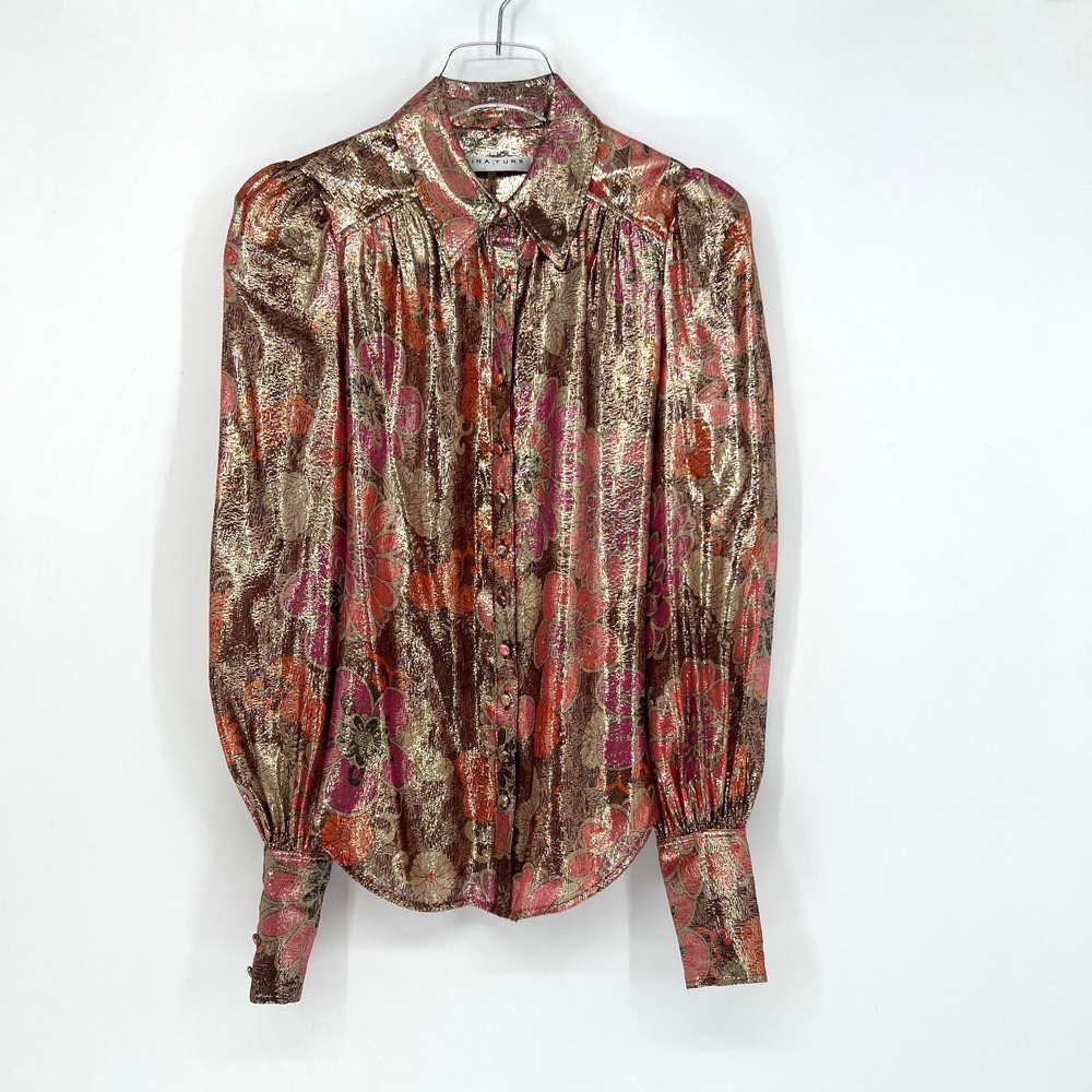 Trina Turk Top Womens XS Sagittarius Silk Metallic Floral Retro Puff Sleeve